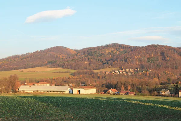 Wiejski Krajobraz Farmy Pola Wsi Hukvaldy Wzgórza Jesienią Republika Czeska — Zdjęcie stockowe