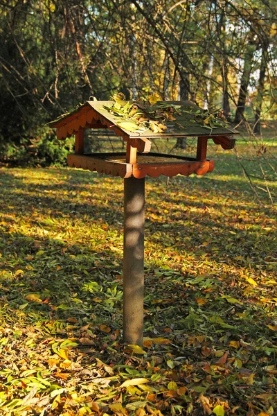 Mangeoire Oiseaux Bois Avec Toit Couvert Feuilles Tombées Dans Parc — Photo