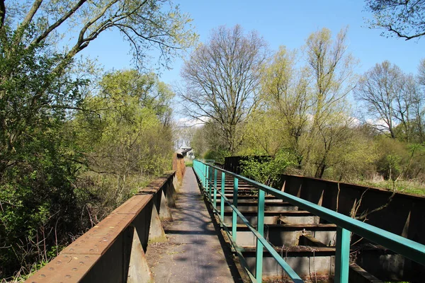 春に放棄されたオーストリア チェコ共和国 それのまわりのいくつかの木の近くの鉄道橋 — ストック写真