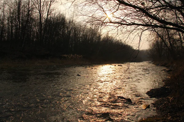 Fluss Mit Gelben Reflexen Der Sonne Auf Seiner Oberfläche Und — Stockfoto