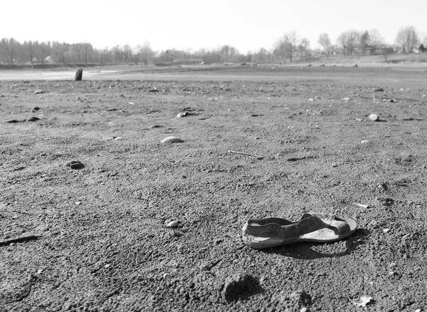 Ztracené Sandál Blátivém Břehu Sušení Rybníka Černé Bílé — Stock fotografie