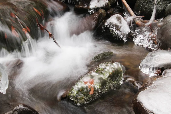 Quelques Pierres Dans Ruisseau Recouvert Glace Beskydy République Tchèque — Photo