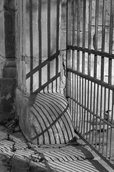 Black White Photo Shadows Bars Old Gate Wall — Stock Photo, Image