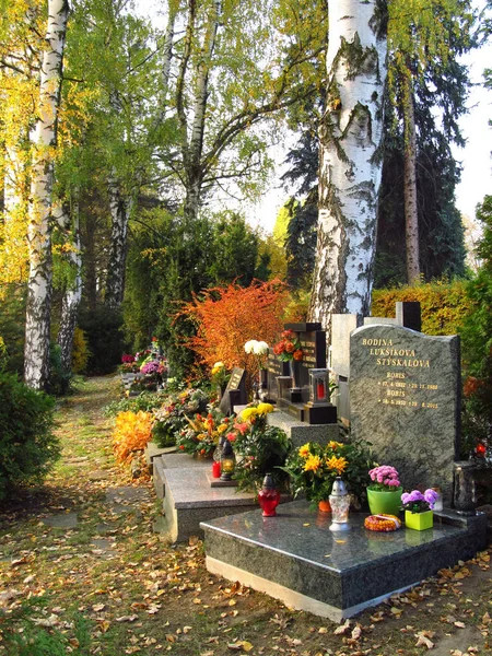 Varias Tumbas Con Lápidas Cementerio Otoño Frydek Mistek República Checa —  Fotos de Stock