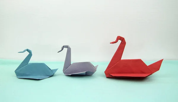 Three Colorful Origami Paper Swans Line — Stock Photo, Image