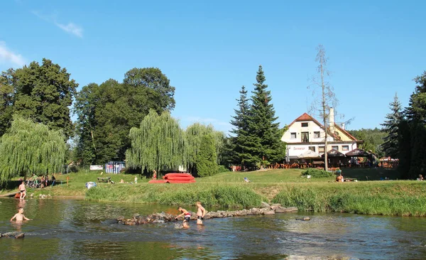 Люди Веселятся Воде Лагере Берегу Реки Сазава Чехия — стоковое фото