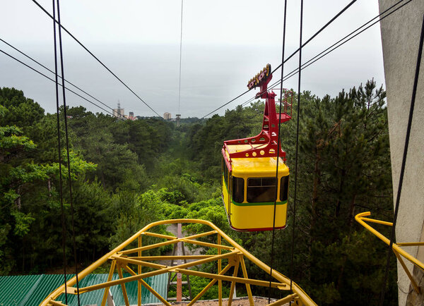 Crimea - June 05, 2016: Cableway Mishor Ai-Petri in the rain