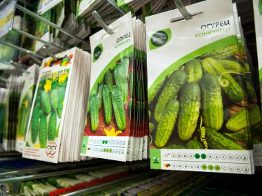 Voronej, Rusya - 20 Haziran 2018: Salatalık tohumları mağazada satılıyor