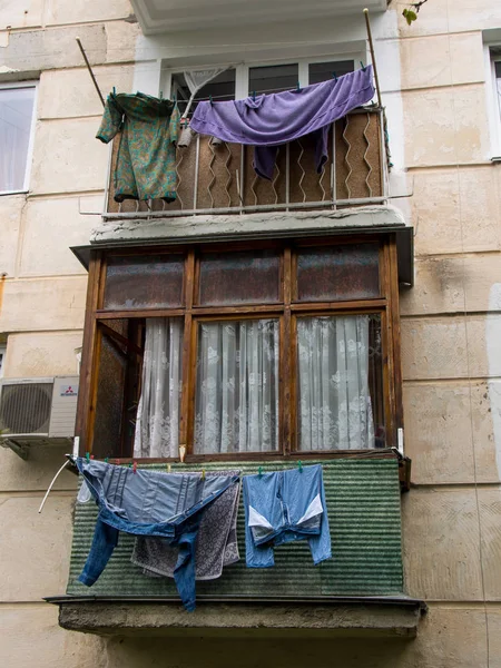 Underwear hanging on balconies in the Russian province