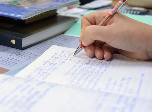 Tanár Ellenőrzi Notebookot Azzal Feladattal Hogy Értékelje Feltárja — Stock Fotó