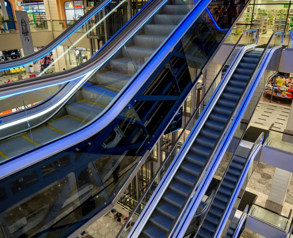 Voronezh Russia October 2018 Number Escalators Blue Illumination Shopping Center — Stock Photo, Image