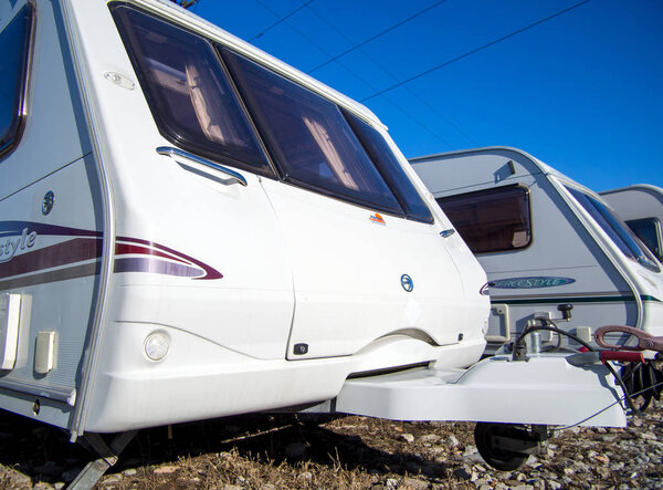 Voronezh, Russia - March 13, 2019: Motorhomes from different manufacturers at the rental site