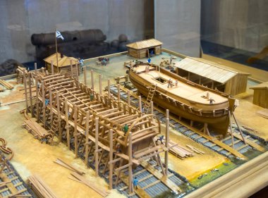Lodeynoe Pole, Rusya-Mart 29, 2019: diorama ahşap gemilerin inşasına adanmış