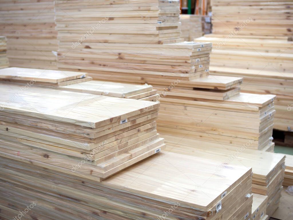 Voronezh, Russia - December 22, 2019: Furniture panels of various sizes are in stock
