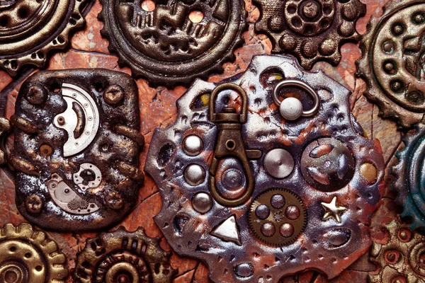 Molten colored gears and shiny elements. Flexible Steampunk background
