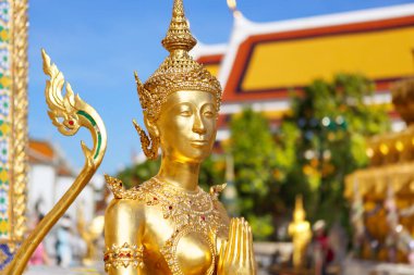 Zümrüt Buda tapınağında bir kinara heykeli, Bangkok Tayland 'da Wat Phra Kaew. Yumuşak odaklı, seçici odaklı