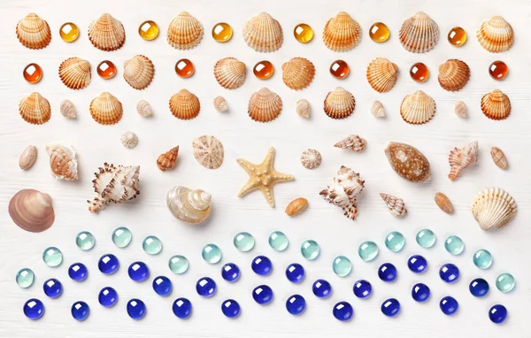 Exotic Sea Shells Glass Beadson White Wooden Background Concept Summer — Stock Photo, Image