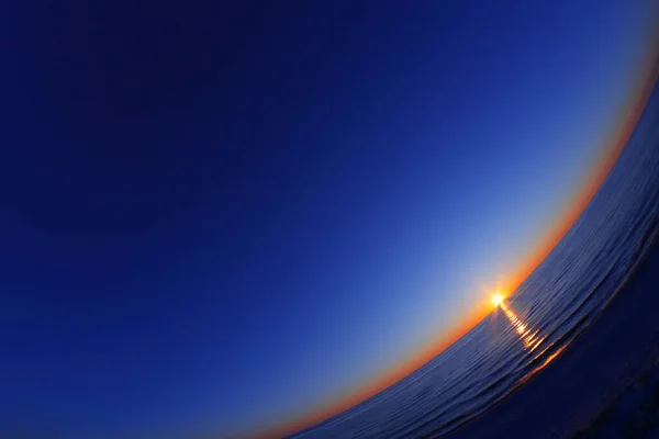 Beau Coucher Soleil Sur Mer Lentille Fisheye Espace Copie — Photo