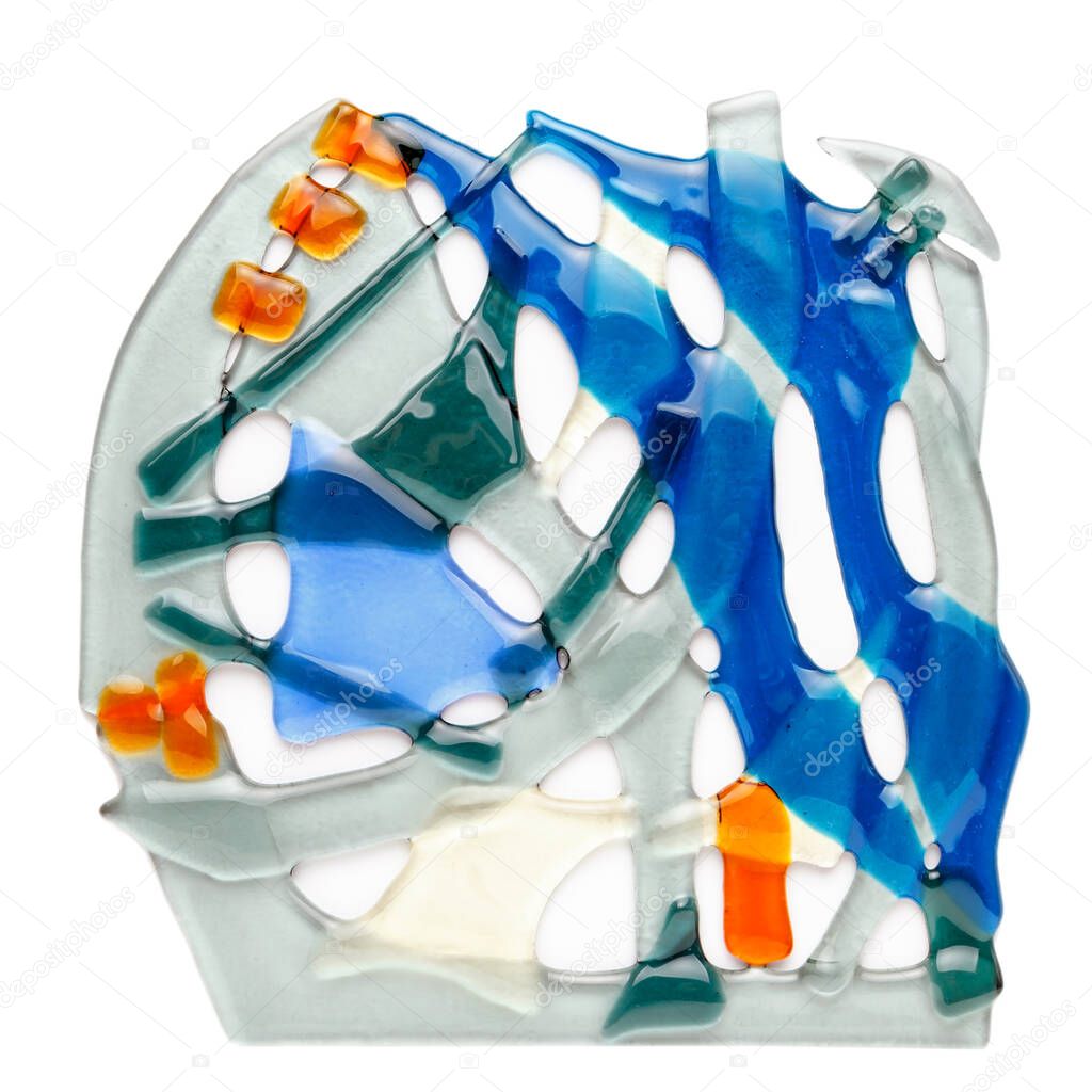 Abstract composition made of colored glass by fusing technology. stained glass. Isolated on white