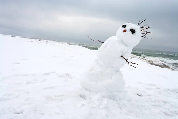 冬のビーチで雪だるまを溶かして — ストック写真