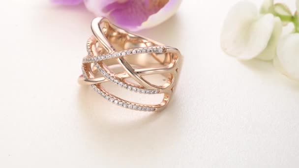 Beautiful Rose Gold Diamond Ring paved with stones — Stock Video