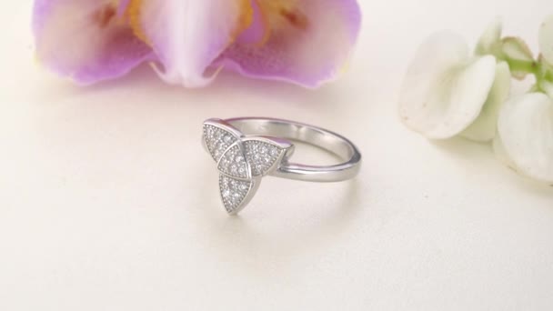 Hermoso anillo de diamantes de oro blanco pavimentado con piedras — Vídeos de Stock