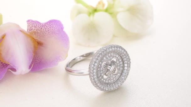 Beautiful White Gold Diamond Ring paved with stones — Stock Video