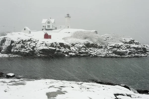 Cape Neddick Lighthouse Also Named Nubble Light Blizzard Snowstorm Maine — Stock Photo, Image