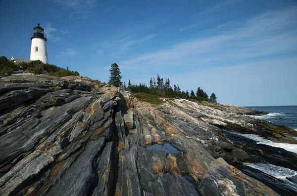 Pemaquid Point Deniz Feneri Kulesi Maine Göbeğindeki Eşsiz Başkalaşmış Kaya Telifsiz Stok Imajlar