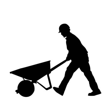 İşçi silueti, el arabası iten bir işçinin silueti, vektör çizimi.. 