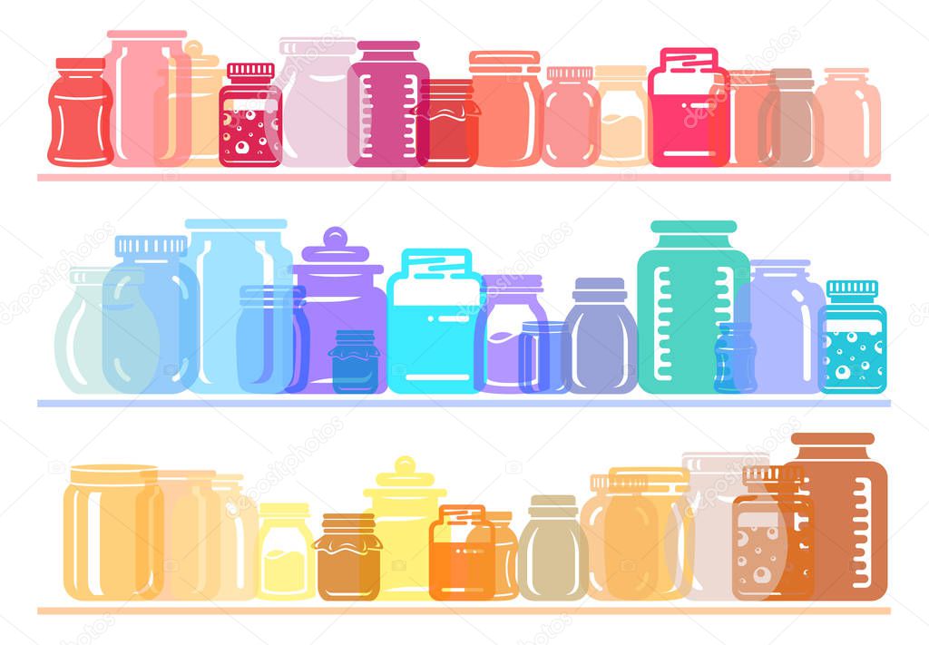 Jar glass for jam or honey colorful shelf collection Simple illustration of jar set. Colorful flat transparency light vector illustration for web or print design.