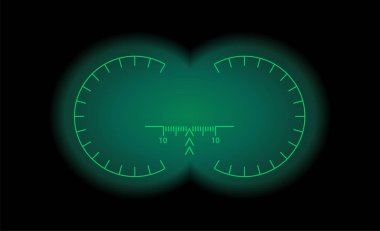 Optik görüş ölçek ile görüntüleyin. Gece görüş askeri silah görünümü vektör çizim stili. Daire çerçeve şeffaf lens. Mezun dürbün ağı çapraz saç ölçüm Aralık Bulucu.