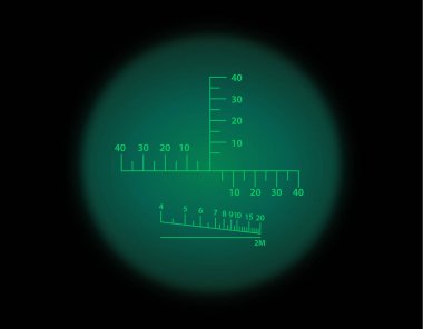 Optik görüş ölçek ile görüntüleyin. Gece görüş askeri silah görünümü vektör çizim stili. Daire çerçeve şeffaf lens. Mezun dürbün ağı çapraz saç ölçüm Aralık Bulucu.