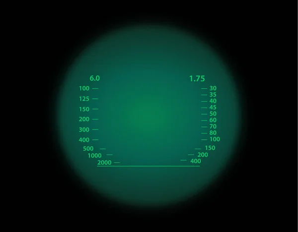 Optik görüş ölçek ile görüntüleyin. Gece görüş askeri silah görünümü vektör çizim stili. Daire çerçeve şeffaf lens. Mezun dürbün ağı çapraz saç ölçüm Aralık Bulucu.