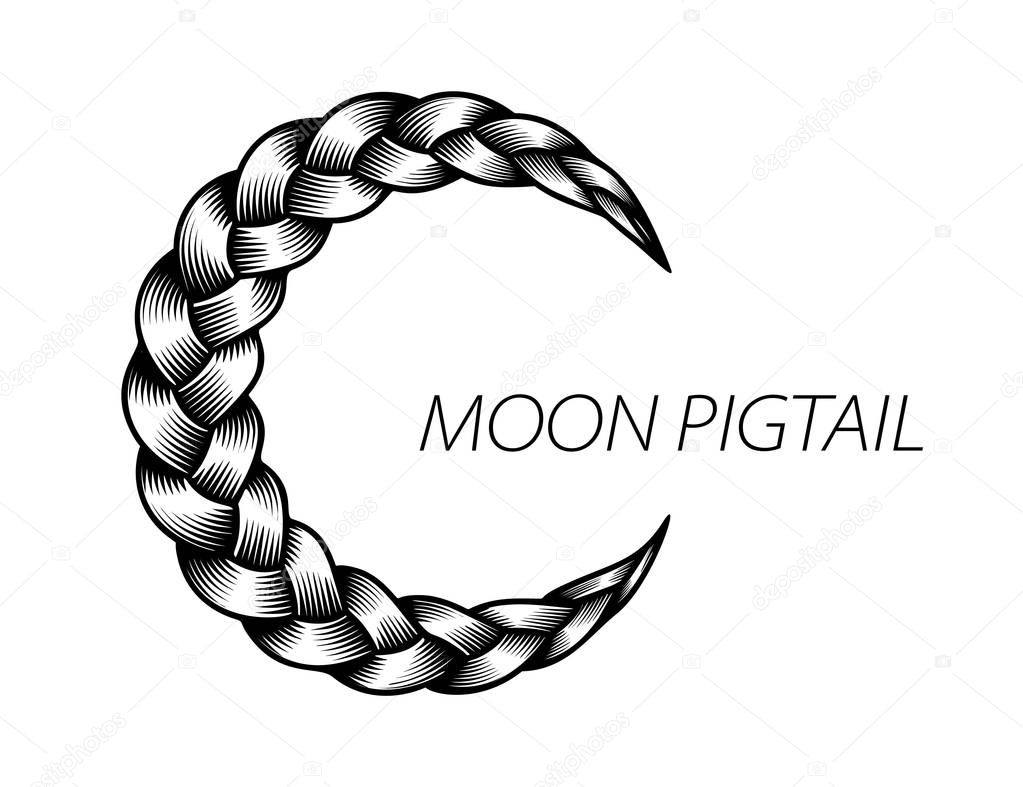 Pigtail moon symbol. Simple black beautiful hair curly wavy. Swirl flow detailed wave. Isolated lines plaited in pigtail. Vector illustration for print or web design.