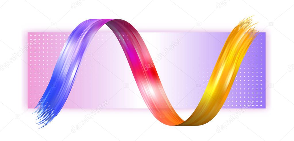 Colorful flow poster from brushstroke. Realistic volume wave. Liquid paint ink shape isolated on black background. Cover page for your design project. Real vector illustration of swirl blur.
