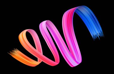 Siyah arka plan üzerinde renkli akışı brushstroke... İzole şerit çizgi... Gerçekçi ses dalgası. Sıvı boya mürekkep şekli. Kapak sayfası tasarım projesi. Gerçek vektör çizim girdap görüntü.