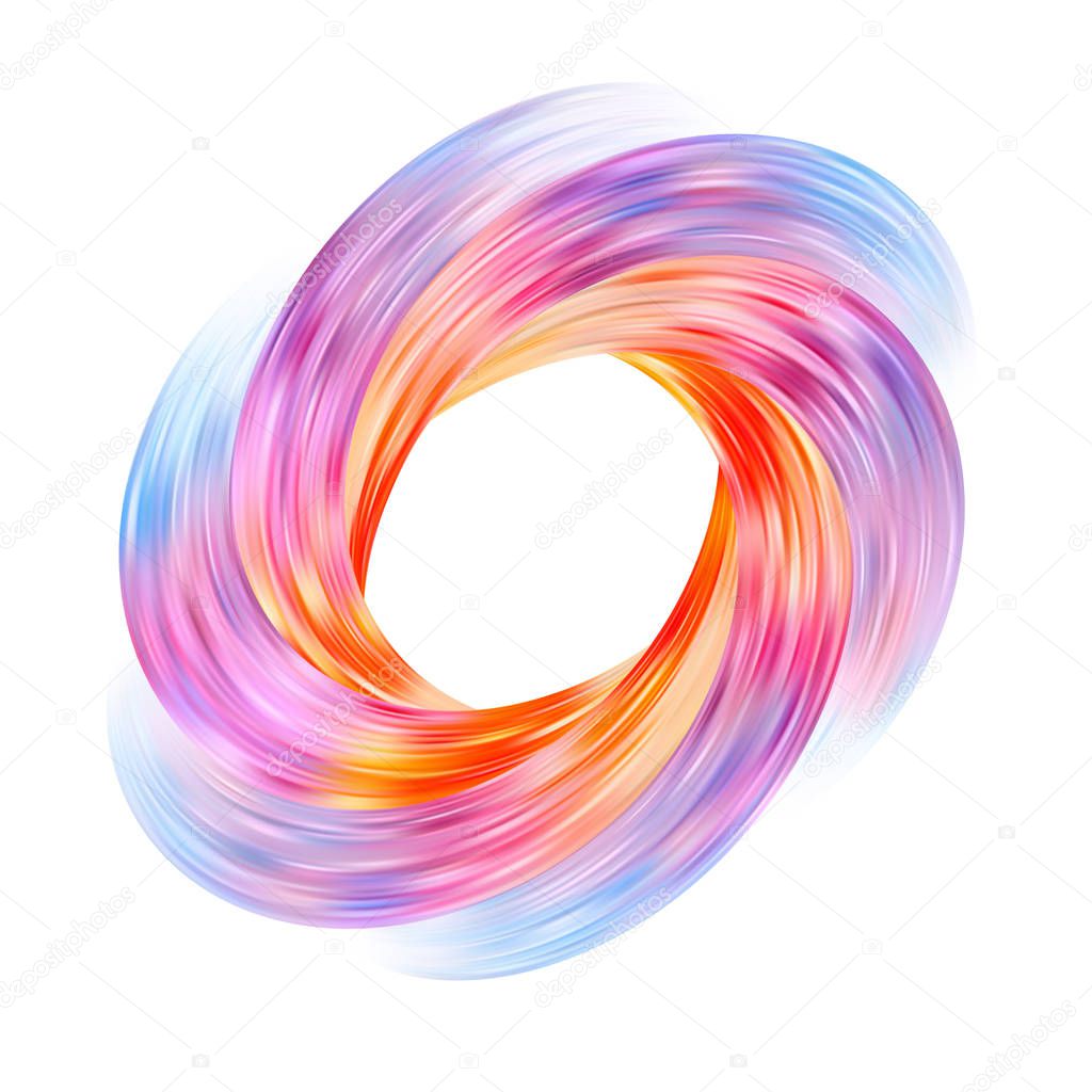 Colorful flow brushstroke on white background.. Ribbon isolated line. Realistic volume wave. Liquid paint ink shape. Cover page for your design project. Real vector illustration swirl blur.