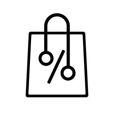 Satılık Kağıt alışveriş torbasında indirim. Kupon tasarım. Kağıt çanta simgesi alışveriş. Anahat Kağıt çanta vektör simgesi web için alışveriş illüstrasyon
