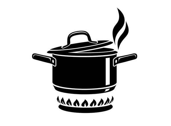Cooking saucepan with steam icon. Logo in simple style with kitchen process. Tasty smell from stove of chief. Warm comfort and tasty food. Vector illustration of first course from haute kitchen star.