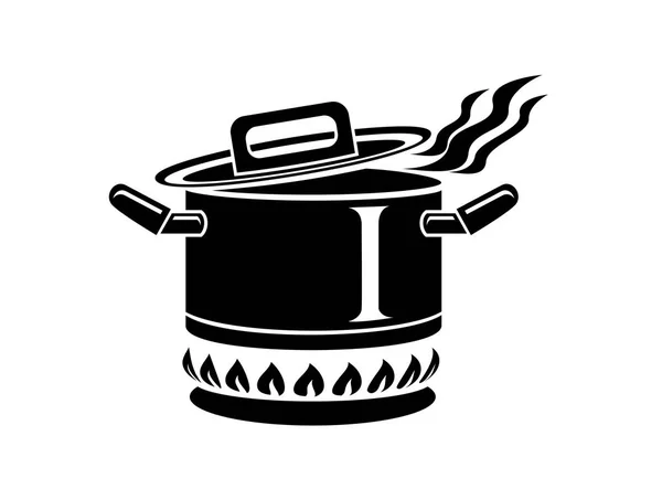 蒸気のアイコンと鍋を調理します キッチン プロセスをシンプルなスタイルのロゴ チーフのストーブからおいしい香り 暖かい快適さとおいしい料理 高級キッチン星からの最初のコースのベクトル イラスト — ストックベクタ