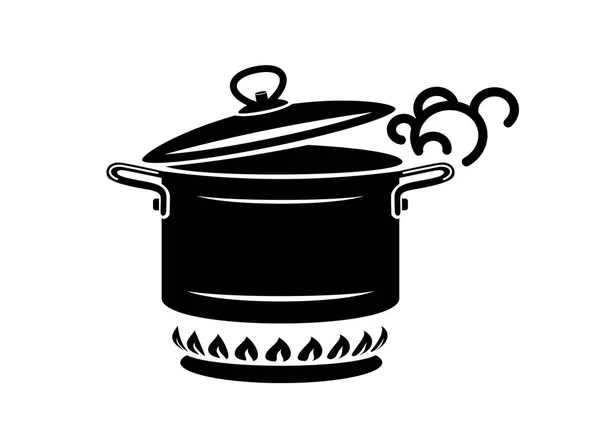 Pişirme tencere buhar simgesi ile. Logo basit tarzı mutfak süreci ile. Şef soba gelen lezzetli bir koku. Sıcak konfor ve lezzetli yemekler. Haute mutfak yıldız ilk dersten vektör çizim.