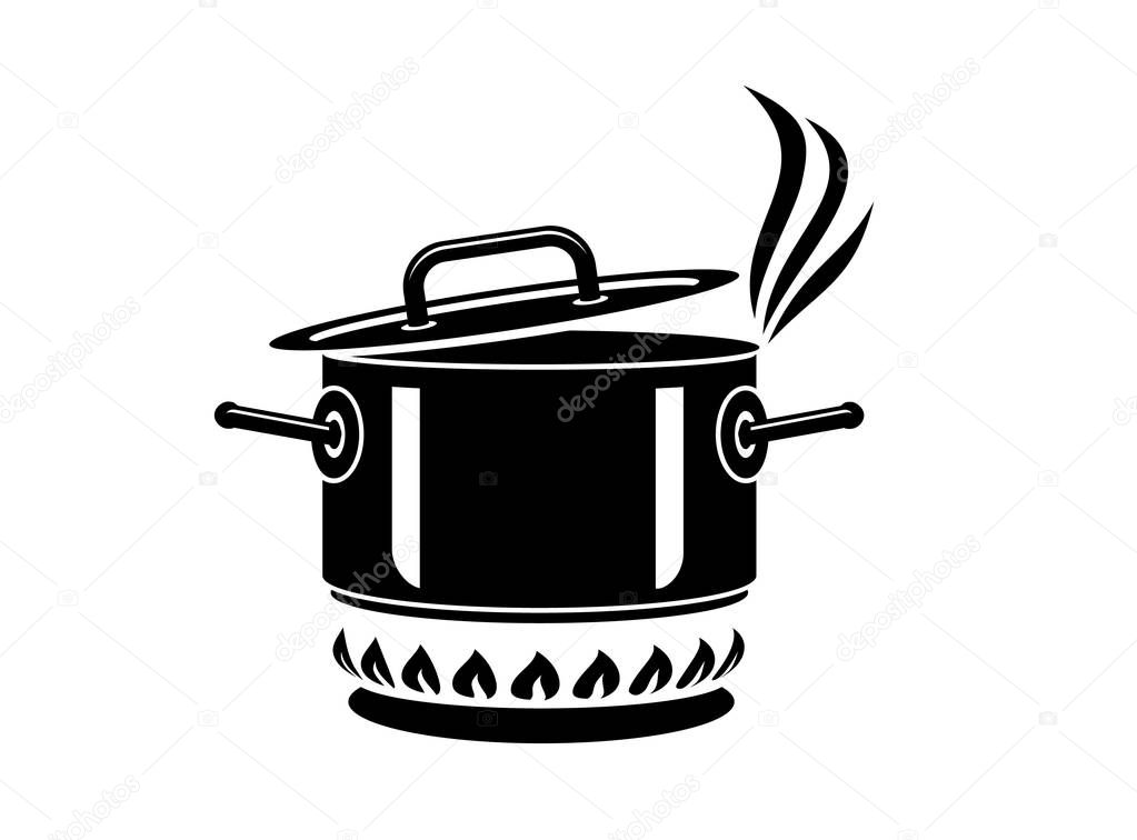 Cooking saucepan with steam icon. Logo in simple style with kitchen process. Tasty smell from stove of chief. Warm comfort and tasty food. Vector illustration of first course from haute kitchen star.