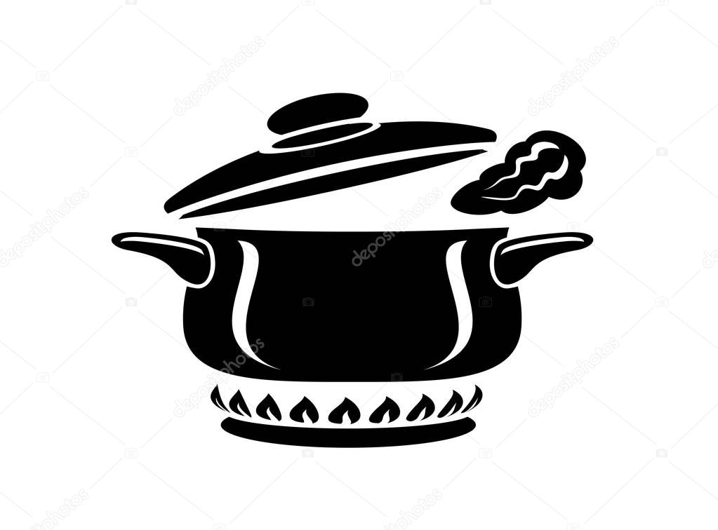 Cooking saucepan with steam icon. Logo in simple style with kitchen process. Tasty smell from stove of chief. Warm comfort and tasty food. Vector illustration of first course from haute kitchen star.
