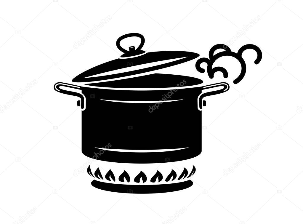 Cooking saucepan with steam icon. Logo in simple style with kitchen process. Tasty smell from stove of chief. Warm comfort and tasty food. Vector illustration of first course from haute kitchen star.