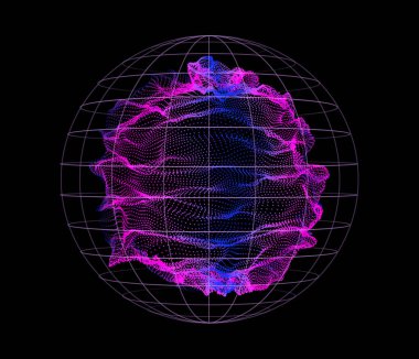 Düğümlerden dinamik parçacıklar yayılıyor. Karanlığın üzerinde akan 3D deniz. Renkli ışıklar dizisi. Vektör soyut dünya arkaplanı. Parlayan noktalarla güzel akarsu şekilleri.