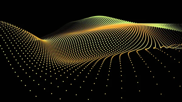 3D deniz noktalar dalga parlayan akışı. Dinamik parçacık akışı. Zincir düğüm. Siyah arka plan üzerine izole dizi yüzey. Renkli ışıkları kesişme noktalarında parıldıyor. Güzel vektör soyut şekilleri.