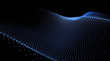 3D deniz noktalar dalga parlayan akışı. Dinamik parçacık akışı. Zincir düğüm. Siyah arka plan üzerine izole dizi yüzey. Renkli ışıkları kesişme noktalarında parıldıyor. Güzel vektör soyut şekilleri.