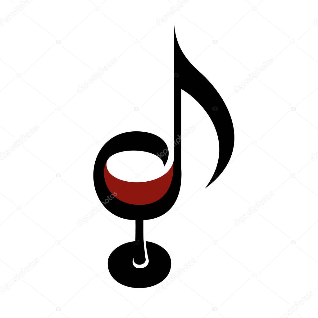 Wine glass as music note. Score of melody creative logo. Two notes play to taste symphony. Simple black icon of delicious drink idea for web or print design. Vector illustration of sommelier identity.