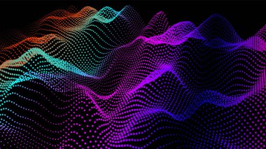 Akan parçacıkların olduğu soyut dijital manzara. Siber ya da teknoloji geçmişi. Sience hareketinin temsili ses dalgası. Dairelerden Geometrik yapı.